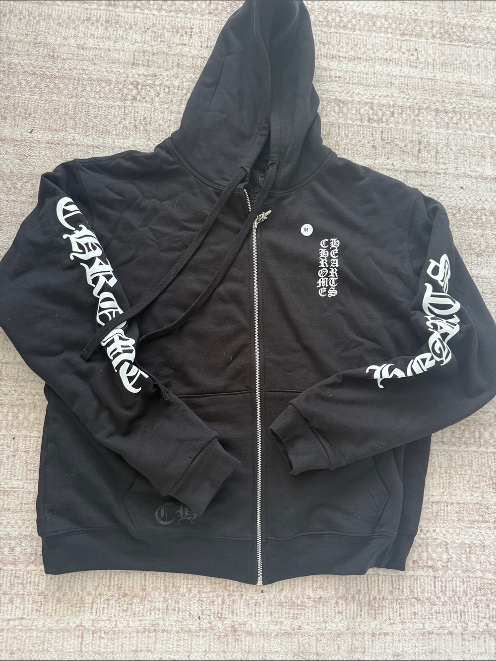 Chrome Hearts Black Zip Hoodie with White Gothic Sleeve Logos